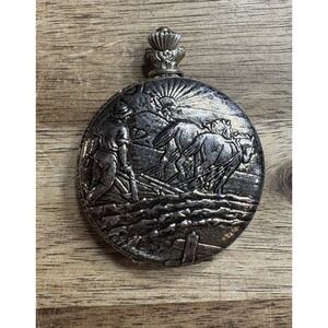 Vintage Engraved Moniex Quartz Pocket Watch No Chain Untested Horse & Plow Scene